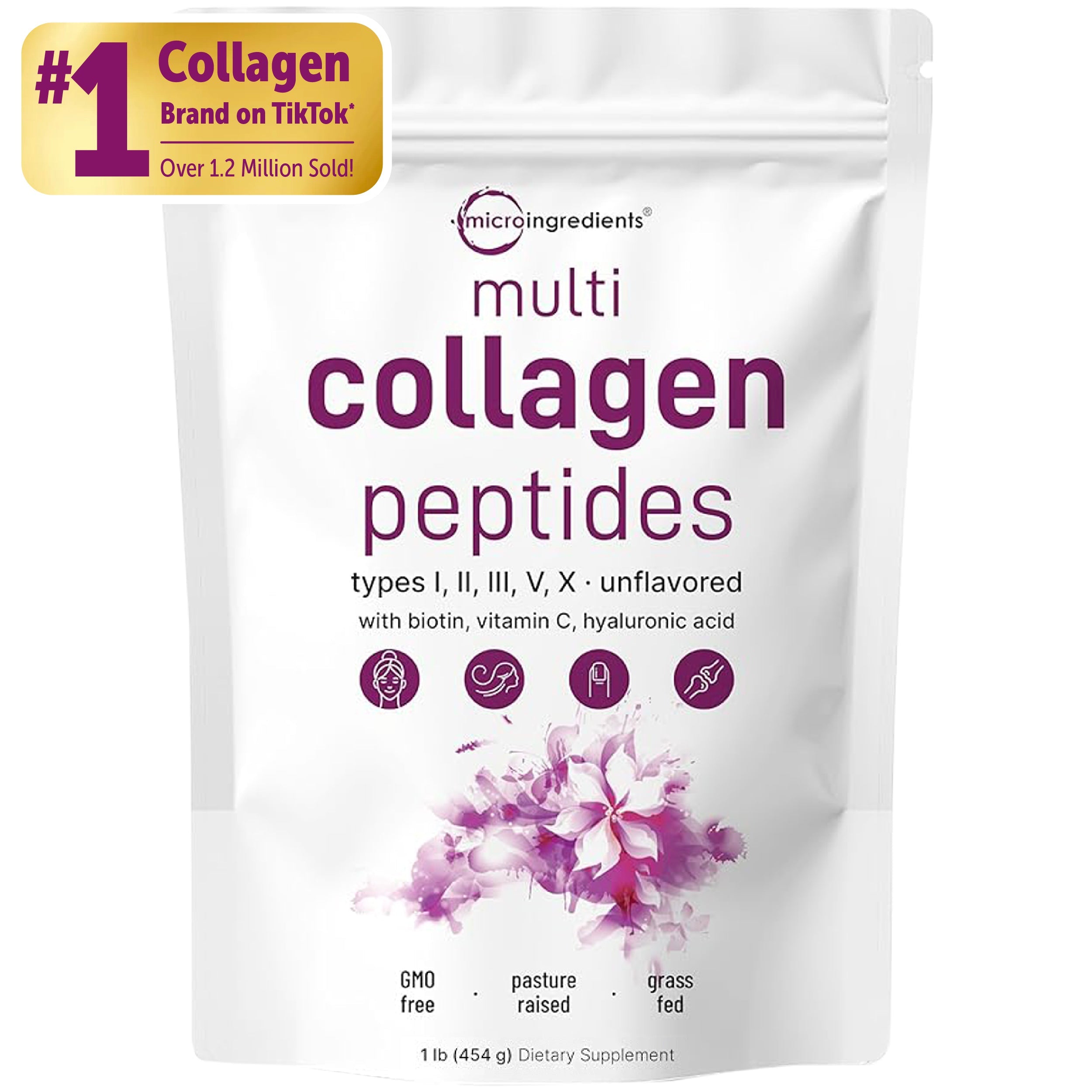 Micro Ingredients Multi Collagen Peptides Powder - Hydrolyzed Protein Peptides (Type I,II,III,V,X) with Hyaluronic Acid, Biotin & Vitamin C Unflavored